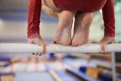 Girl gymnast prepares for acrobatics on the pole in the gym. Athletics competition.